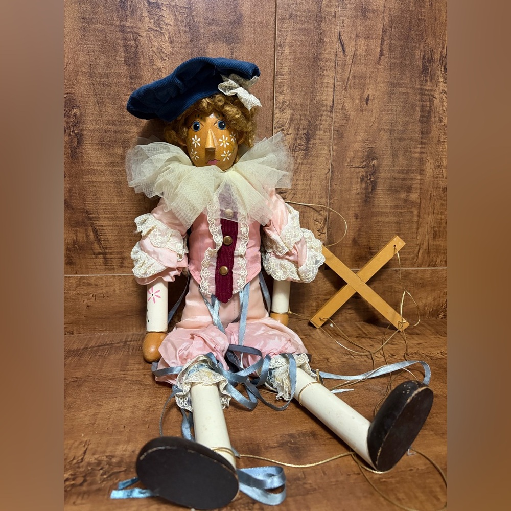 Vintage Wooden/Cloth Colorful Jester Puppet Toy